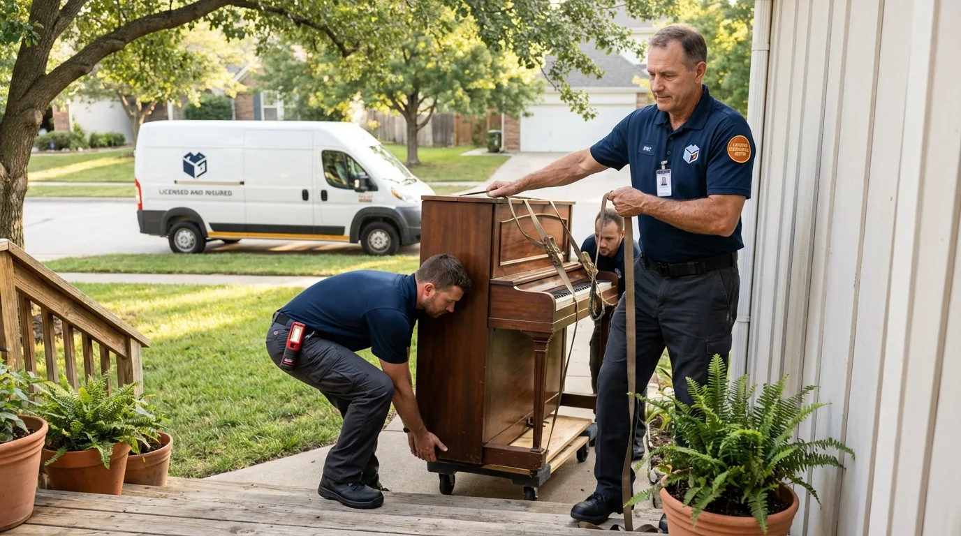 Licensed piano movers securing grand piano in Elmwood Park, NJ