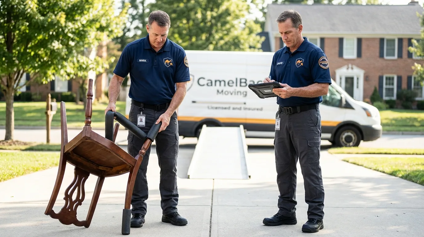 Movers inspecting furniture for damage prevention before loading in Elmwood Park, NJ