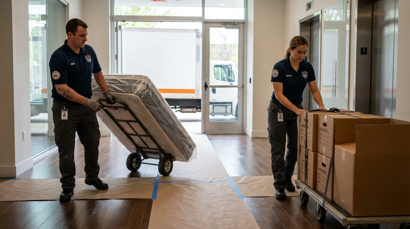Professional apartment movers loading elevator in Elmwood Park, NJ