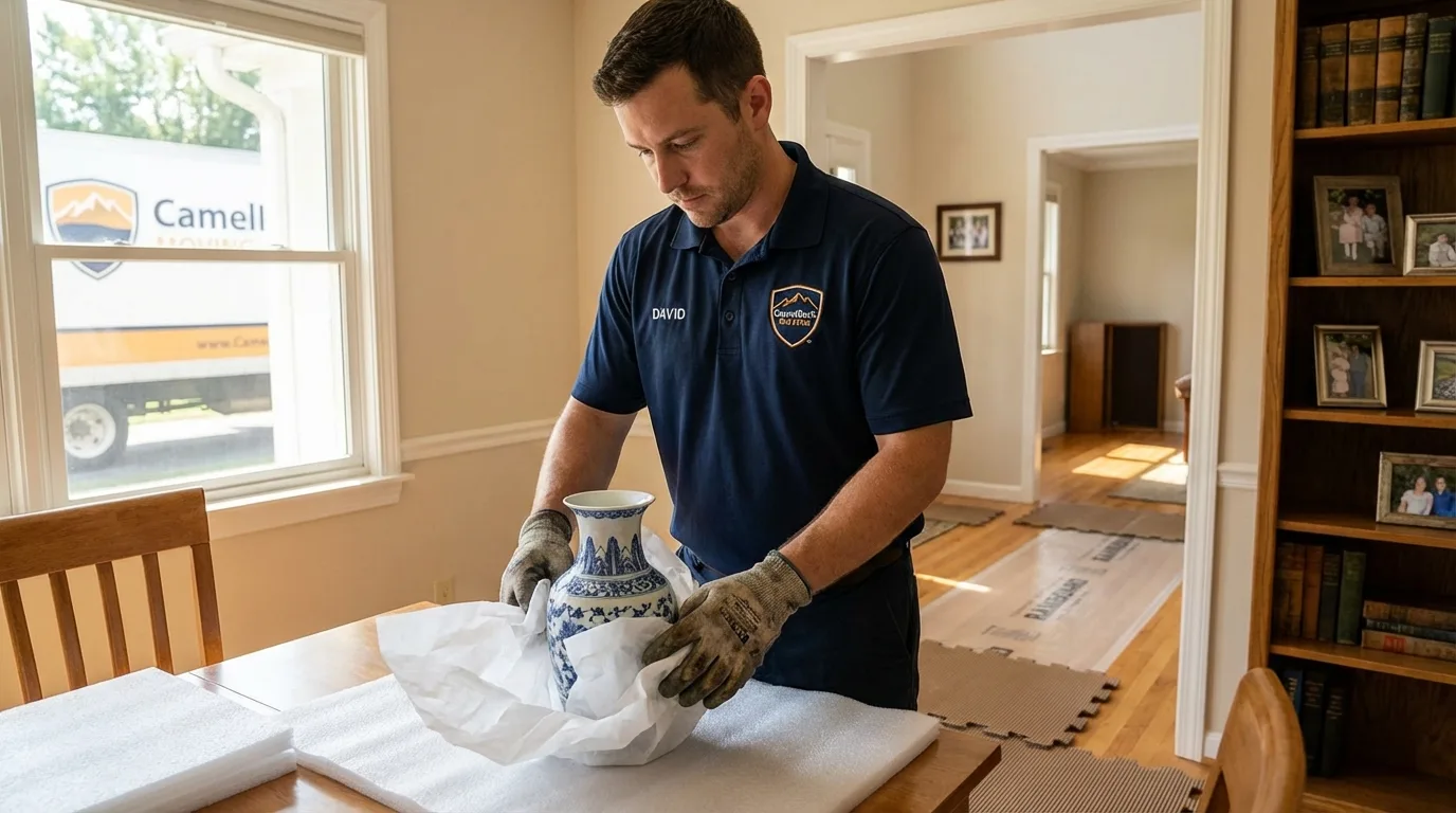 Professional crew carefully wrapping antique vase for senior downsizing move in Elmwood Park, NJ